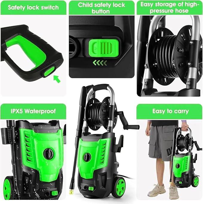 Pressure Cleaner High Power Cleaner with 33ft Pressure Hose, 4 Nozzle and Soap Bottle for Car, Fence, Patio (Light Green) - NeatNest