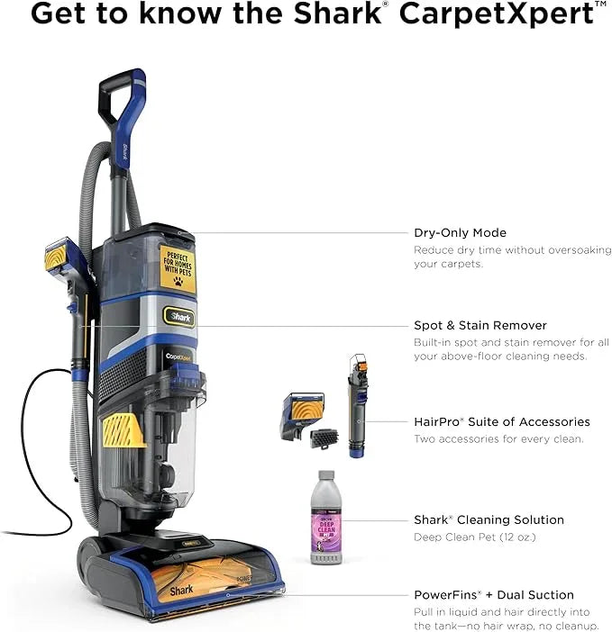 Shark CarpetXpert HairPro Upright Carpet, Area Rug & Upholstery Cleaner with Spot & Stain Remover, Perfect for Pets, Carpet Shampooer, 2 Cleaning Tools, Pet Cleaning Solution, Cobalt, EX251BRN - NeatNest