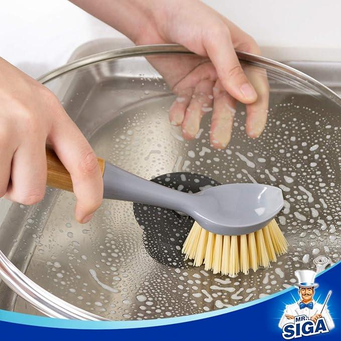 MR.SIGA Dish Brush with Bamboo Handle Built-in Scraper, Scrub Brush for Pans, Pots, Kitchen Sink Cleaning, Pack of 2 - NeatNest