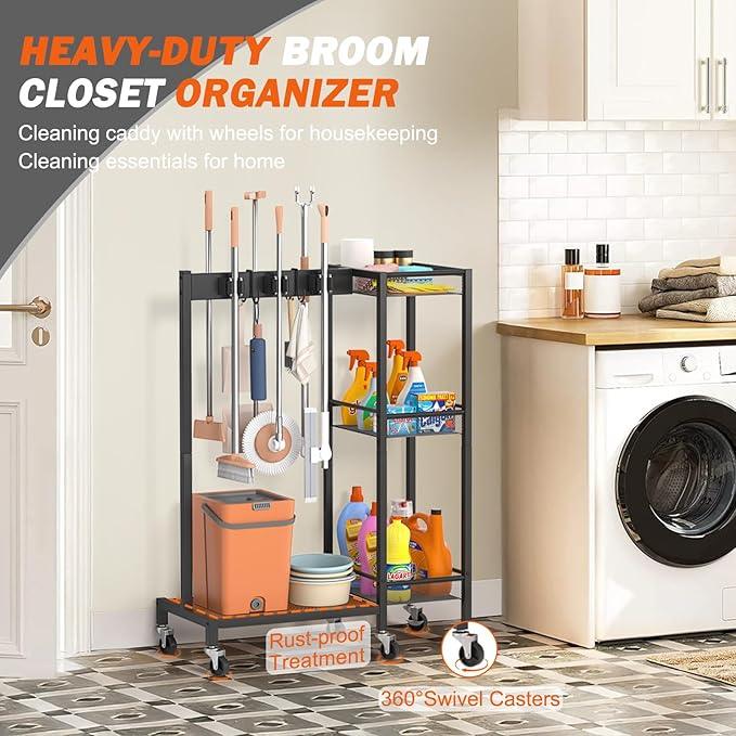 Broom Holder with Cleaning Supplies Organizer, Broom Closet Storage Cabinet with Cleaning Caddy, Cleaning Cart with Mop Hanger Gripper Rack Hooks,Janitorial Cart,Utility Carts Household Essentials - NeatNest