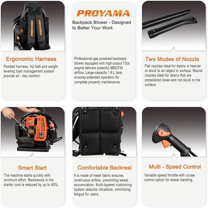 PROYAMA 72CC Gas Backpack Leaf Blower, 2-Cycle 880CFM 275MPH Gas Powered Engine, 2 in 1 Nozzle Low Vibration and Ergonomic Design with Cruise Control for Outdoor GardenYard Cleaning and Snow Removal - NeatNest