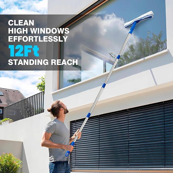 Squeegee for Window Cleaning, 14" Extra-Large Squeegee & Microfiber Scrubber Combi with 60" Stainless Steel Pole, Window Cleaning Kit for Shower Glass Mirror Door Car-2 Pads - NeatNest