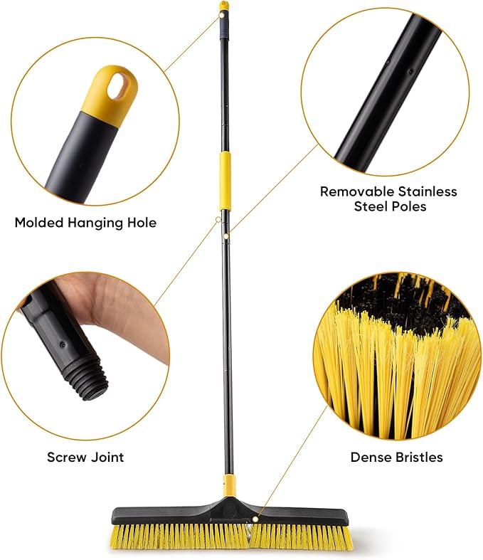 Yocada 24 inch Push Broom Brush 65.3 inch Long Handle Stiff Bristles Heavy-Duty Outdoor Commercial Broom for Cleaning Bathroom Kitchen Patio Garage Deck Concrete Wood Stone Tile Floor - NeatNest