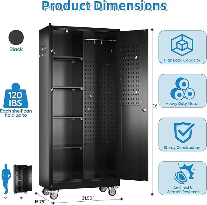 SUXXAN Broom Closet Storage Cabinet with Wheels 71.4"x 31.5"x15.7", Metal Cleaning Cabinets with Hooks and Hanging Rods, Lockable Cabinet with Pegboard, Adjustable Shelf,for Garage, Laundry Room - NeatNest