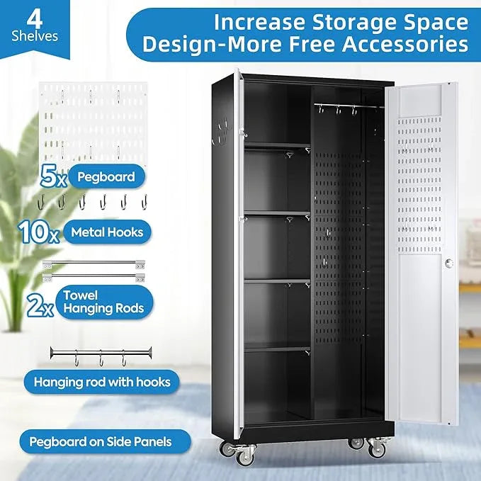 SUXXAN Broom Closet Storage Cabinet with Wheels 71.4"x 31.5"x15.7", Metal Cleaning Cabinets with Hooks and Hanging Rods, Lockable Cabinet with Pegboard, Adjustable Shelf(Black/White) - NeatNest