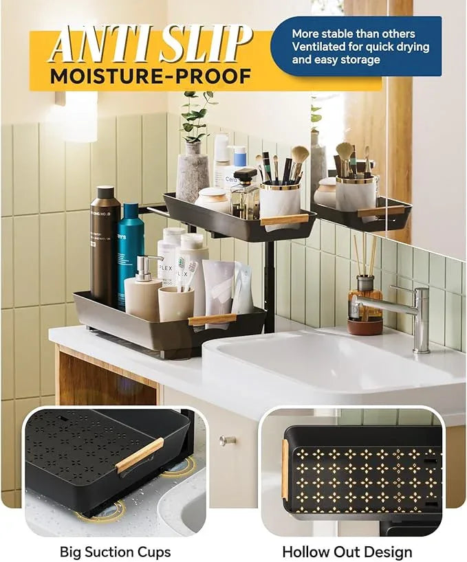 Under Sink Organizer, 2 Tier Adjustable Height Under Sink Organizers and Storage, L-Shaped Slide Out Pull Out Cabinet Organizers for Bathroom Kitchen Pantry (2 Pack, Black) - NeatNest