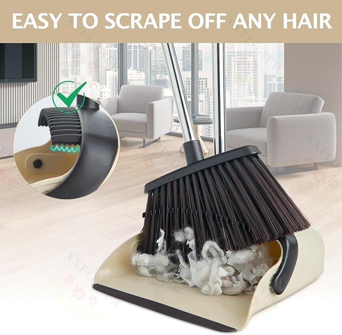 Broom and Dustpan Set with Long Handle, Heavy Dust Broom and Dustpan Combo for Home，Kitchen, Office, Pet Hair(Beige) - NeatNest