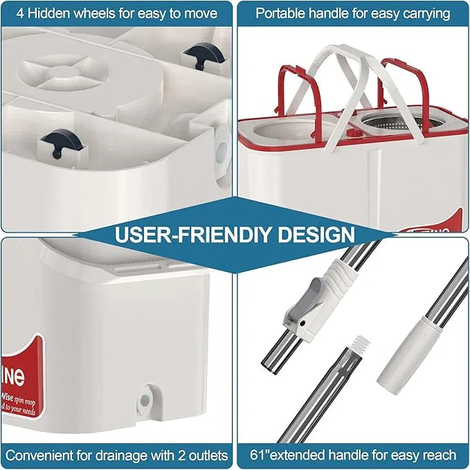 Gen 1 Large-Capacity Spin Mop and Bucket – for Big Homes & Deep Cleaning Days,4-Chamber System Separates Dirty & Clean Water, 2-GAL Heavy-Duty Design with Wheels & 6 Refill Mop Heads - White/Red - NeatNest