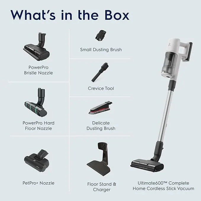 Electrolux Ultimate600 Complete Home Cordless Stick Vacuum with 3 Specialized Nozzles (Multi-Surface, Hard Floor & Pet), 50-Minute Run Time, 3 Power Modes, White - NeatNest