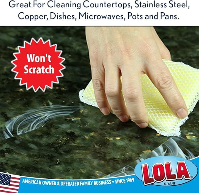 LOLA Nylon Netting Sponge Cleaning Scrubber Pad, 12 Pack, Non Scratch, Safe on Non-Stick Surfaces Coated Cookware & Dishes - Gentle Effective Cleaning - NeatNest