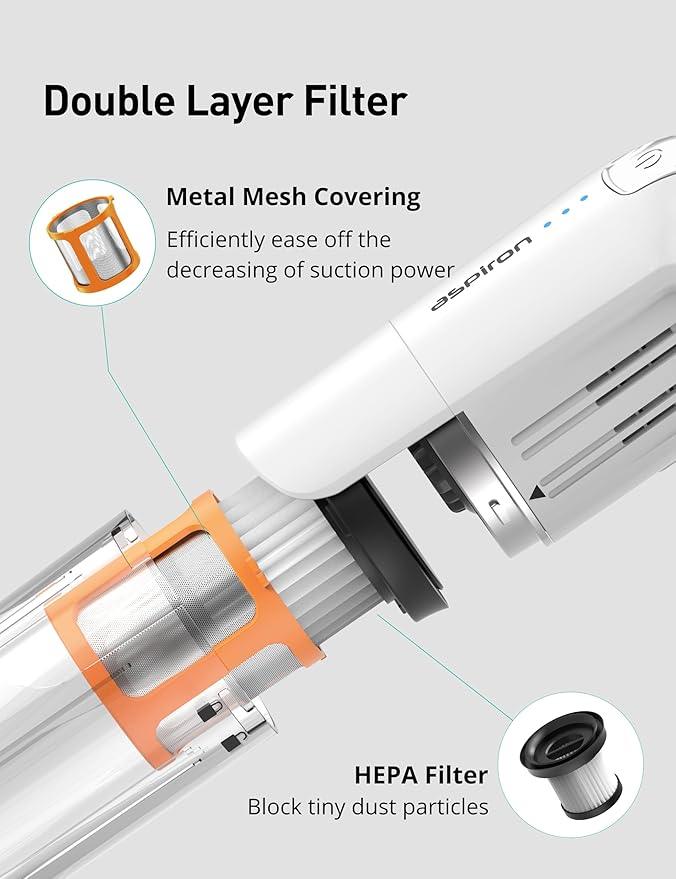 Aspiron Cordless Handheld Vacuum, 24KPA Powerful Car Vacuum, 2-Speed, 2 Charging Methods, Wireless Charger, Ergonomic Handle, Portable Rechargeable Vacuum Cleaner for Car, Home, Cream White - NeatNest