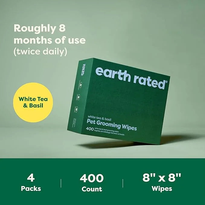 Earth Rated Pet Wipes for Dogs and Cats, Hypoallergenic, 3-in-1 Cleaning, Deodorizing and Hydrating, for Grooming Paws, Body and Butt, New White Tea and Basil Scent, 400 Count - NeatNest