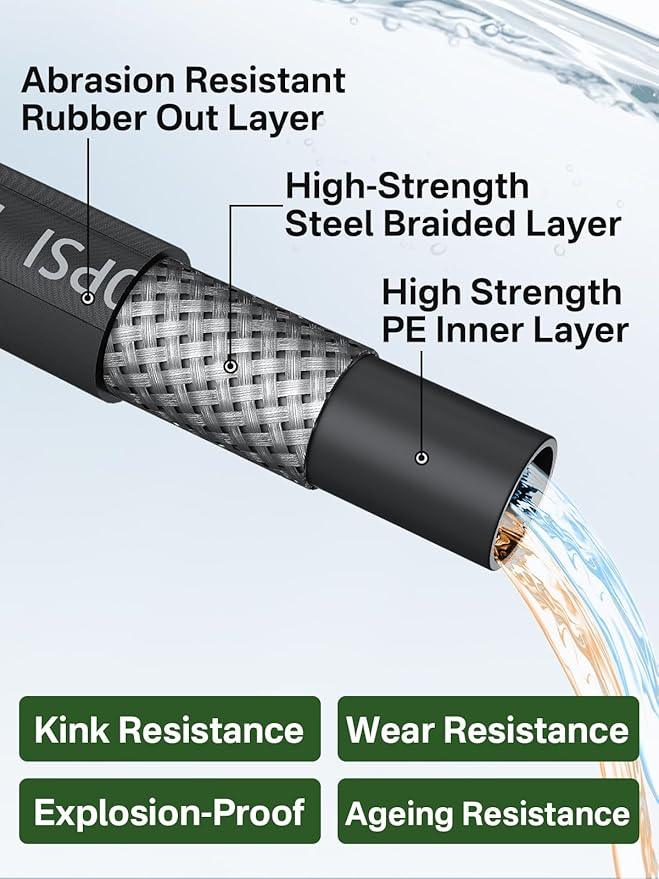 3/8" 4800PSI Pressure Washer Hose 200FT with Swivel Quick Connect for Cold/Hot Water Max 248°F, Kink Resistant Steel Wire Braided, Wear Resistant Power Washer Hose with M22 14mm Adapter - NeatNest