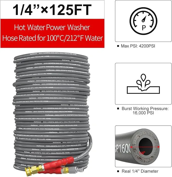 Pressure Washer Hose 125ft, 1/4 Inch Kink Resistant 4200PSI Power Washer Extension Hose, Flexible Heavy Duty Replacement Hose, Compatible with M22 14mm Fittings, High Tensile Wire Braid - NeatNest