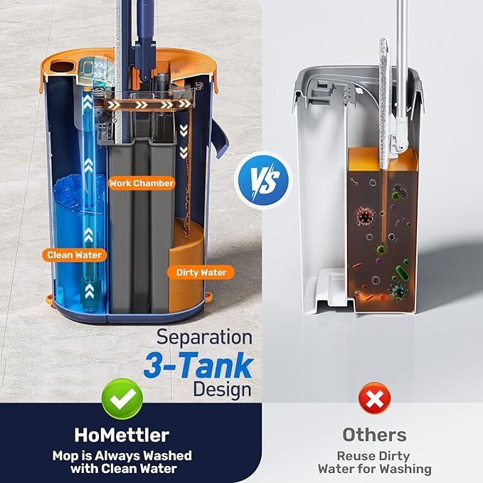 Mop and Bucket Set with Wringer, 3-Tank Flat Mop and Bucket System, Wall Mop Cleaner with Long Handle, Hands Free Mops for Floor Cleaning with 6 Microfiber Pads - NeatNest