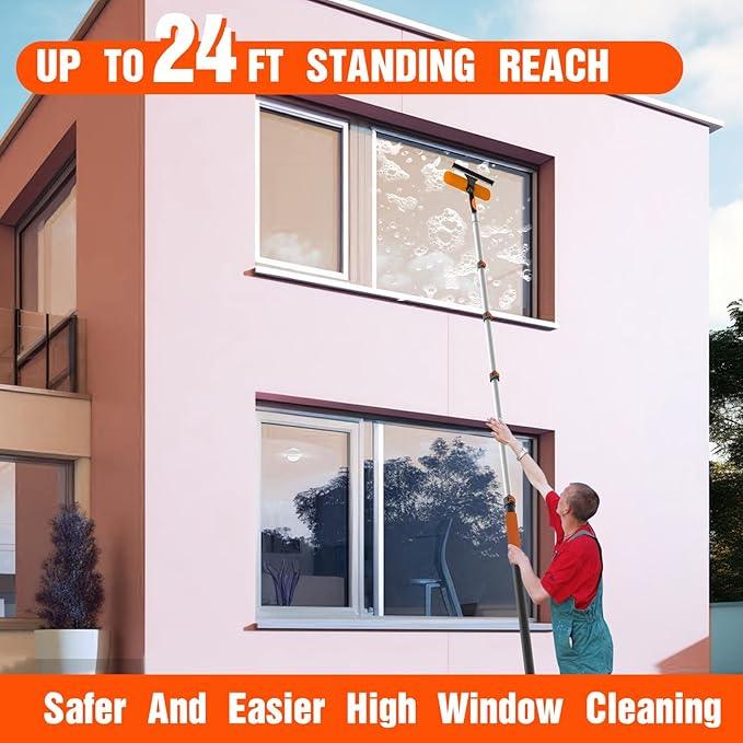 30FT Window Squeegee with Extension Pole, 2-in-1 Squeegee for Window Cleaning, Professional Cleaning Kit for Home with 24FT Telescoping Pole for Outdoor Indoor Use - NeatNest
