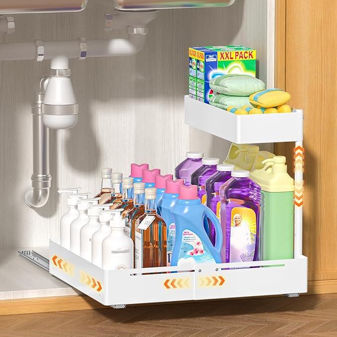 YJHome 1 Pack Expandable Under Sink Organizer, 2 Tier Pull Out Cabinet Organizer with Smooth Ball Bearing Slides, Adjustable Height Cabinet Storage Shelves for Kitchen, Bathroom, Laundry, Pantry - NeatNest
