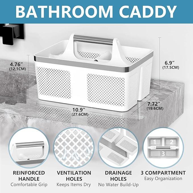 Plastic Shower Caddy Dorm: Portable Bathroom Caddy Organizer with Handle and Holes, Cleaning Basket, Hard Shower Basket Storage Tote for Toiletry, College Dorm Room Essentials White/Silver - NeatNest
