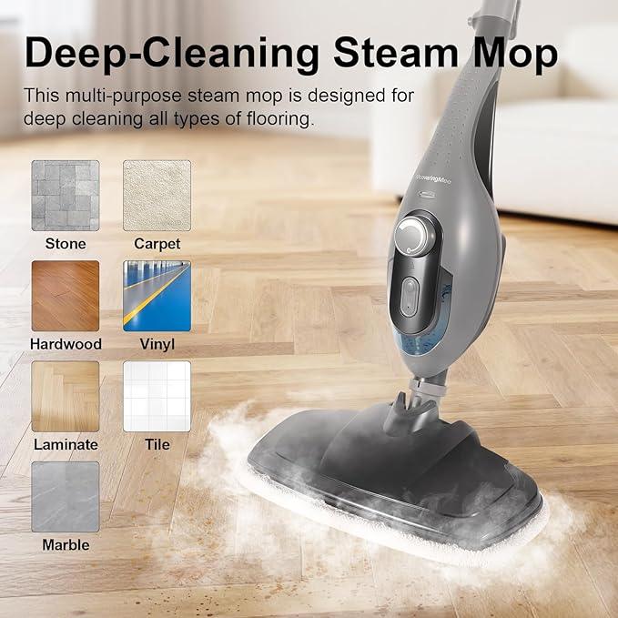 11-in-1 Steam Mop, 1550W Powerful Handheld Steam Cleaner, 260°F Multi-Functional Floor Steamer with 21.3FT Cord for Floors, Hardwood, Tiles, Grout, Windows, Kitchen, Bath, Adjustable (Grey) - NeatNest