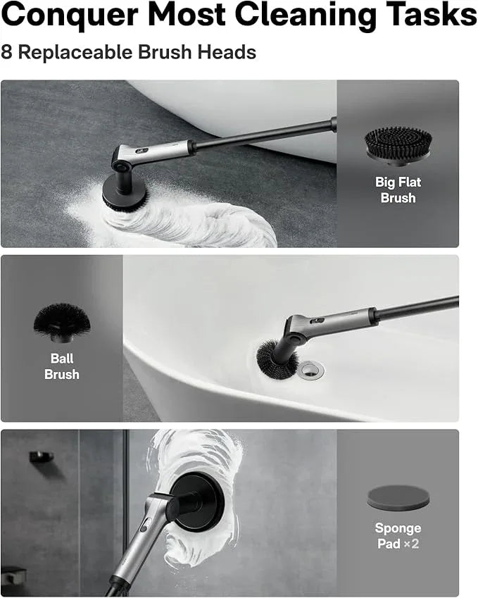 HOTO Flexi™ Cordless Electric Spin Scrubber, Adjustable Angle, Extendable Handle, Smart Display, IPX7 Waterproof, Powerful Cleaning Scrubber with 8 Replaceable Brush Heads, for Bathroom, Tile, Bathtub - NeatNest