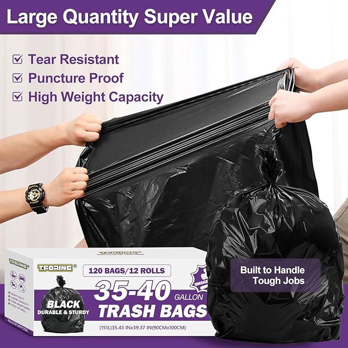 35-40 Gallon Black Trash Bags 120 Count - 35" x 40" Large Garbage Bags, 30+ Gallon Strong Trash Can Liners for Home, Commercial Use,Yard Waste, Bulk - NeatNest