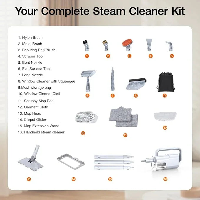 ScrubWiz 10-in-1 Steam Cleaner, Steam Mop & Handheld Steam Cleaner, 350ml Water Tank, 10s Fast Heating, 2 Steam Modes, Portable Steamer for Kitchen, Floor, Tiles, Home, BBQ Grill, Ergonomic Handle - NeatNest