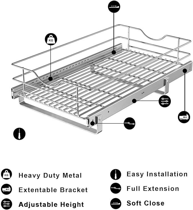 Pull Out Cabinet Organizer, (14½"W x 20" D) Soft Close Slide Out Drawer, 1 Tier Pull Out Cabient Shelf for Kitchen Base Cabinet Under Sink Space, Pantry Organization, Bathroom, Wire Basket - NeatNest