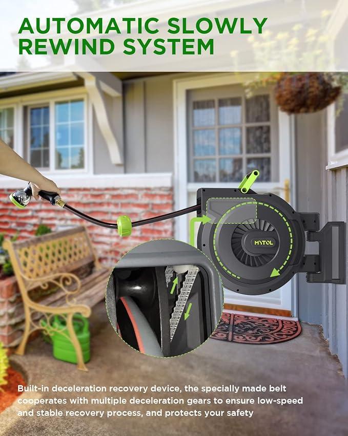 Retractable Garden Hose Reel, 5/8 Inch x 82 ft + 6 ft Wall Mounted Water Hose Reel with Auto Slow Rewind System, 10-Pattern Nozzle, Any Length Lock, 180° Swivel Bracket, Ideal for Easy Watering - NeatNest