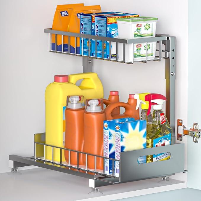 Pro Under Sink Organizer Storage: Premium Metal 2-Tier Pull-Out Wire Basket Organizer, L Shape Height Adjustable, Easy Installation | Kitchen & Bathroom Cabinet Organizers Pack 1 - NeatNest