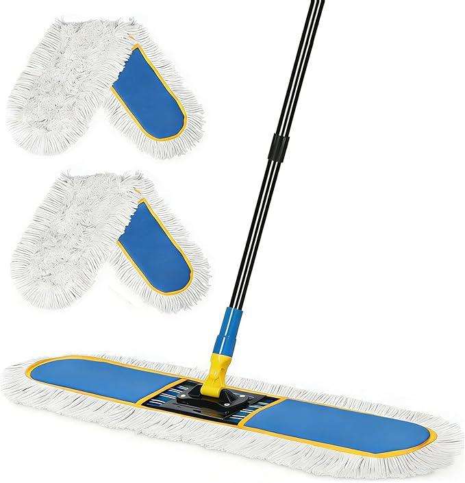 24" Commercial Dust Mop for Floor Cleaning, Heavy Duty Large Industrial Floor Duster with 2 Cotton Mops Pads, Wet Dry Mops for Hardwood Floors,Concrete,Marble,Laminate,Tile,Garage,Blue - NeatNest