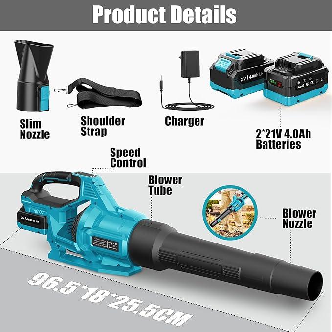 Leaf Blower Cordless 21V, Battery Leaf Blower with 2 x 4.0Ah Batteries and Charger, 3 Speed Modes, Handheld Cordless Blower for Lawn Care, Blowing Leaves, Small Gravel, Blue - NeatNest