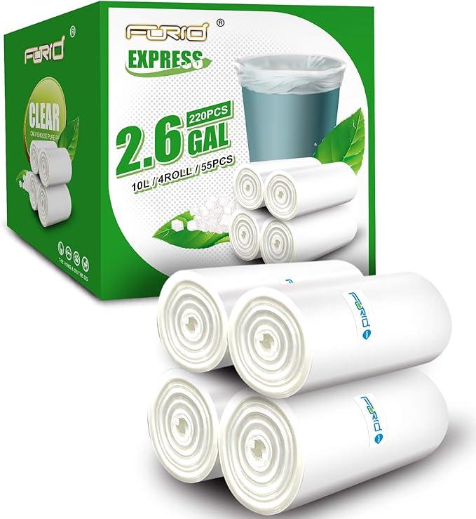 FORID Clear Small Trash Bags, 2.6 Gallon Garbage Bags, Wastebasket Bin Liners 220 Count Plastic Trash Bags for Bathroom Bedroom Office Garbage Can 10 Liters - Durable & Thick Trash Bag - NeatNest