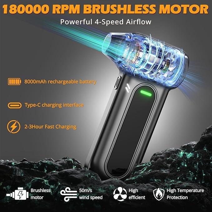 Electric Air Duster Cleaning Tools -180000RPM Super Power Cordless Air Duster, Rechargeable Brushless Motor Durable Blower, 4-Gear Adjustable Dust Blower for Computer, Keyboard and Car - NeatNest