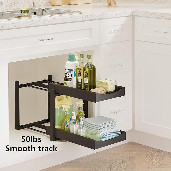 Bamboo Under Sink Organizer Adjustable Height 2 Tier Bathroom Organizer Pull Out Cabinet Storage Kitchen Heave Duty Wood Slide Ou Shelf for Kitchen Bathroom (Black, 1 Pack) - NeatNest