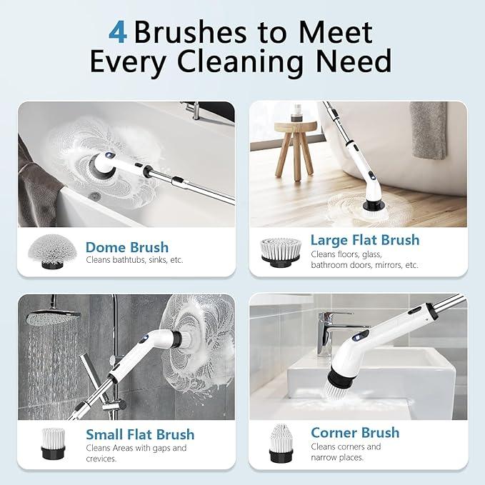 TUYU Electric Spin Scrubber, Full-Body IPX7 Waterproof Bathroom Scrubber with Power LCD Display, Adjustable Extension Handle, Cordless Shower Cleaner Brush for Bathtub Kitchen Wall Cleaning - NeatNest