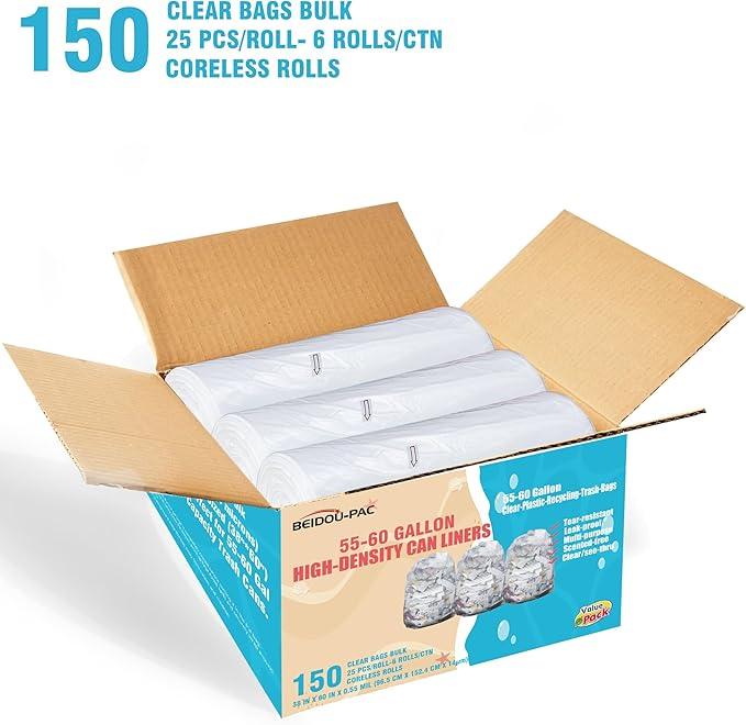 55-60 Gallon Trash Bags, 150 Count Bulk, Heavy Duty Clear Plastic Recycling Garbage Bags, Multi-purpose Can Liners for Business Home Commercial, Industrial Contractors, Storage, Outdoor - NeatNest