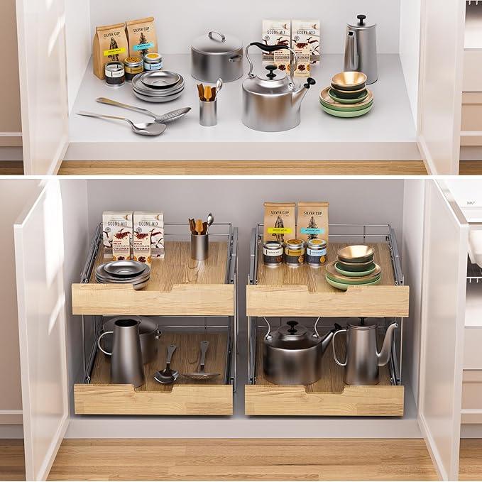 Pull Out Cabinet Organizer,Heavy-Duty Slide Out Shelf, Wood and Wire Basket, Pull Out Drawer for for Kitchen Under Sink Space, Pantry, Bathroom, 2 Tie 14 * 21 in - NeatNest