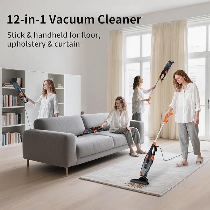 Corded Vacuum Cleaner, 12 in 1 Ultra-Lightweight Vacuum Cleaners for Home 15KPa Powerful Suction Stick Vacuum with Washable HEPA Filter for Home, Car, Pet Hair, Carpet, Hard Floor - NeatNest