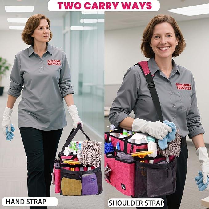Extra large Cleaning Caddy Bag Built-in Sturdy Support Board, Cleaning Organizer with Detachable Divider, Cleaning Supply Tote with Adjustable Shoulder Strap (Pink, 19'' x 11'' x 11'') - NeatNest