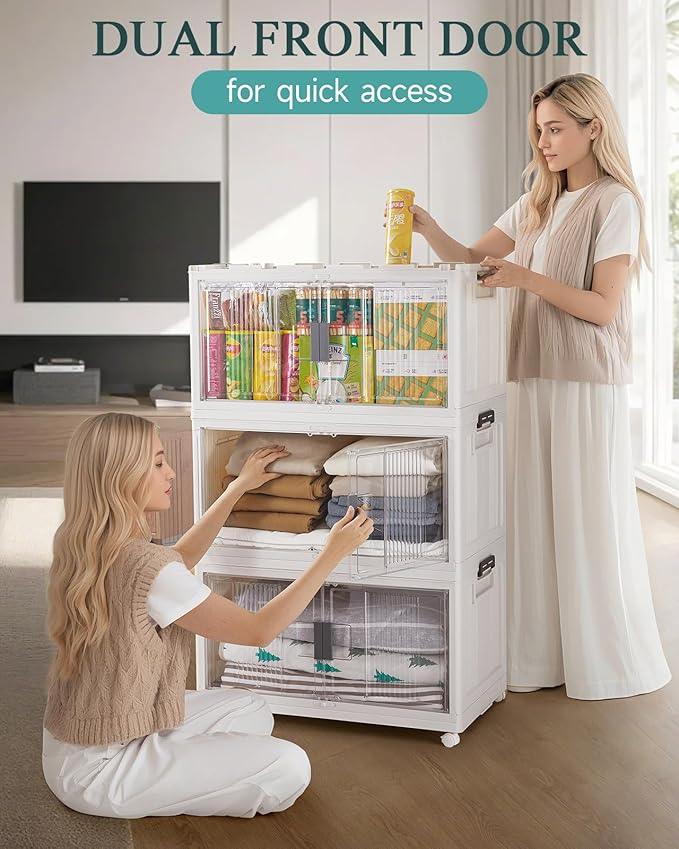 OlarHike 97QT Stackable Storage Bins with Lids - Folding Storage Box with Doors and Wheels, Collapsible Plastic Storage Drawers for Closets, 5 Pack Cubes - NeatNest
