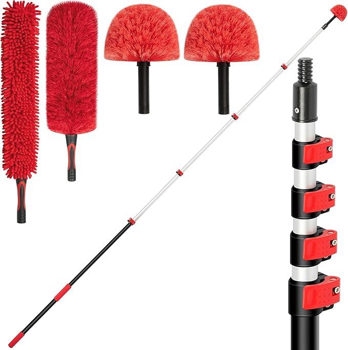 7-24 FT Extension Pole with 2 Outdoor Cobweb Brushes, 30 FT High Reach Ceiling Fan Cleaner Duster for Home, 24 FT Extendable Pole with 4 Pcs Dusting Tools, Cubweb Dusters, Feather Dusters, Fan Duster - NeatNest
