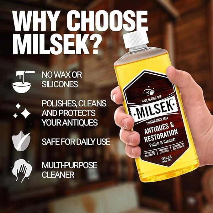 Milsek Antiques & Restoration Polish & Cleaner - Home Essential Cleaning Supplies for Home Improvement of any Wood Antiques or Heirlooms - 12 Fl Oz (Pack of 2) with Microfiber Towel - NeatNest