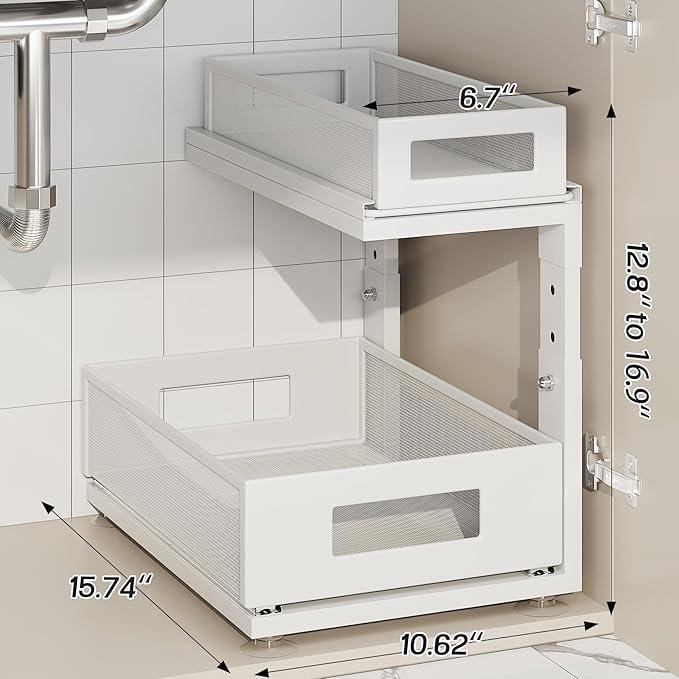 2 Pack Under Sink Organizer With Next-Gen Ball-Bearing Slides,2-Tier Pull Out Cabinet Storage,Height Adjustable Drawer Shelf for Bathroom,Kitchen,Laundry,Cabinet,Pantry(Patent Pending) - NeatNest