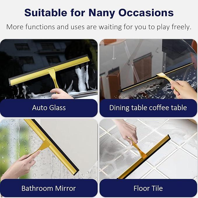 TOOVEM 12 Inch Shower Squeegee for Glass Doors, Window, Bathroom, Car Windshield, Shower Cleaning Tools with S Hook, Square Sticky Hook（Gold） - NeatNest