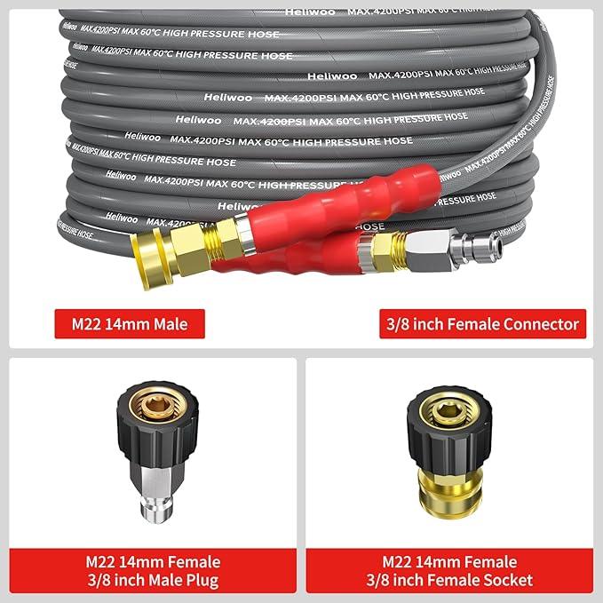 Pressure Washer Hose 25FT, 4200PSI High Tensile Wire Braid Kink Resistant Power Washer Extension Hose, 1/4'' Flexible Replacement Hose with M22-14mm Brass Swivel Thread and 3/8 Quick Connect - NeatNest