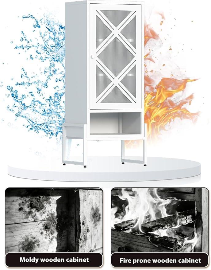 Metal Storage Cabinet with Adjustable Shelves, 42.51"H Freestanding Organizer for Pantry, Kitchen, Bathroom & Laundry Room, Strong & Rust-Resistant, Easy Assembly (White+Transparent Door Panel) - NeatNest