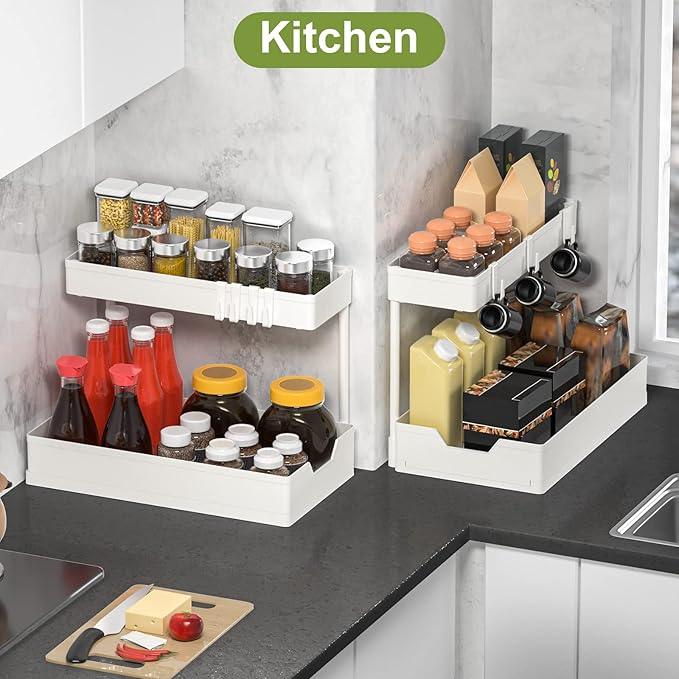 Under Sink Organizers and Storage, L-Shape Kitchen Bathroom Organization, 2-Tier Sliding Storage Under Bathroom Kitchen Sink Cabinet Organizer Shelf Pull Out 2 Pack (White) - NeatNest