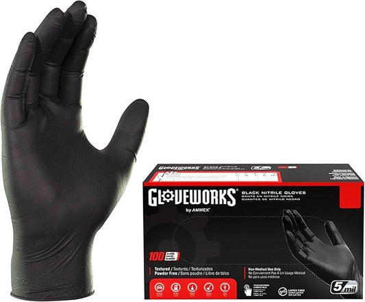 GLOVEWORKS Black Disposable Nitrile Industrial Gloves 5 Mil, Latex/Powder-Free, Food-Safe, Textured - NeatNest