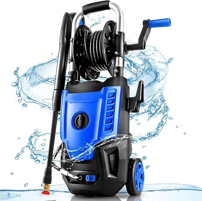 Pressure Cleaner- High Power Cleaner with 33FT Hose Reel, 4 Spray Tips and Soap Bottle for Car Washing, Fence Cleaning, Patio Maintenance（Upgraded） (Blue) - NeatNest