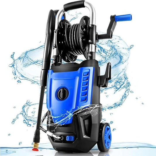 Pressure Cleaner- High Power Cleaner with 33FT Hose Reel, 4 Spray Tips and Soap Bottle for Car Washing, Fence Cleaning, Patio Maintenance（Upgraded） (Blue) - NeatNest